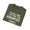 Green soft-style t-shirt with text about being a father, perfect gift for dads who love comfort and style.