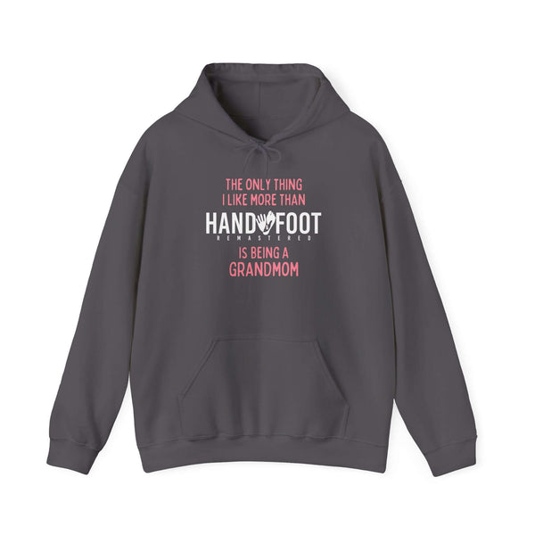 Cozy gray hooded sweatshirt with playful 'Being a Grandma' message, adjustable drawstring, and kangaroo pouch pocket for warmth.