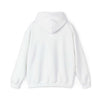 Back view of a white hooded sweatshirt with a cozy design, featuring an adjustable drawstring hood and warm kangaroo pouch pocket.
