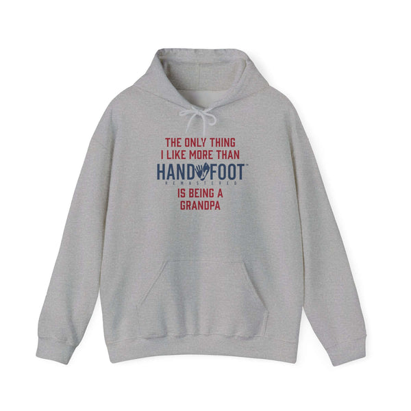 Grey hoodie with "Hand and Foot, Being a Grandpa" printed on the front, featuring a cozy fit and adjustable hood.