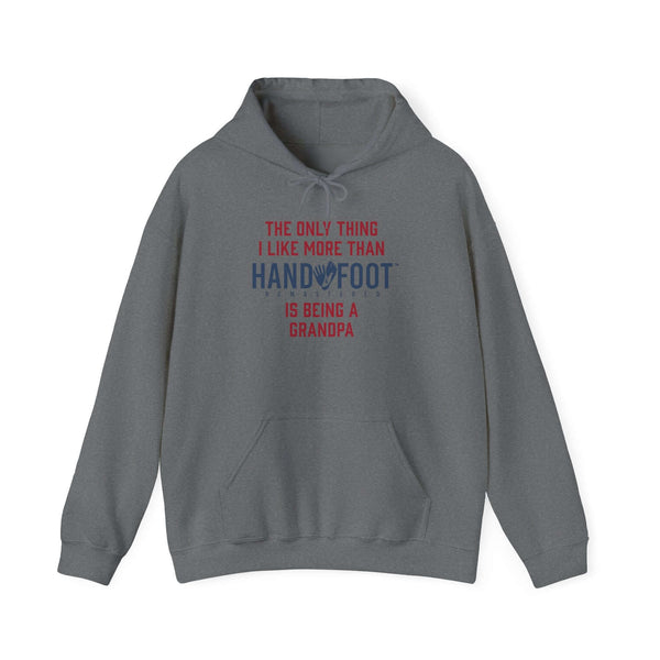 Gray "Being a Grandpa" hooded sweatshirt with playful messaging, featuring kangaroo pouch pocket and adjustable drawstring hood.