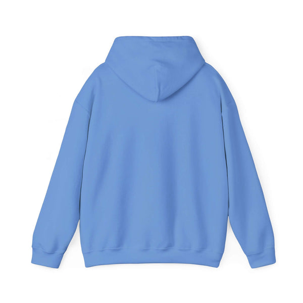 Back view of cozy blue Being a Mom Hooded Sweatshirt with adjustable drawstring and kangaroo pouch pocket.