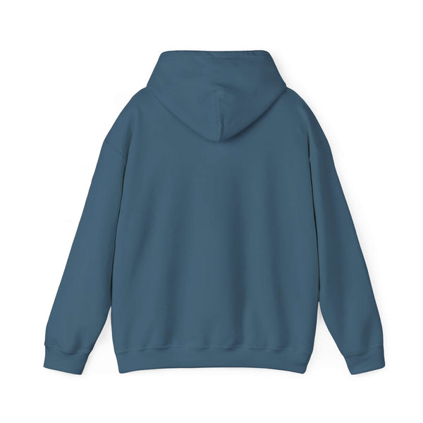 Back view of a blue Being a Mom hooded sweatshirt, showcasing cozy material and a warm design perfect for casual outings.