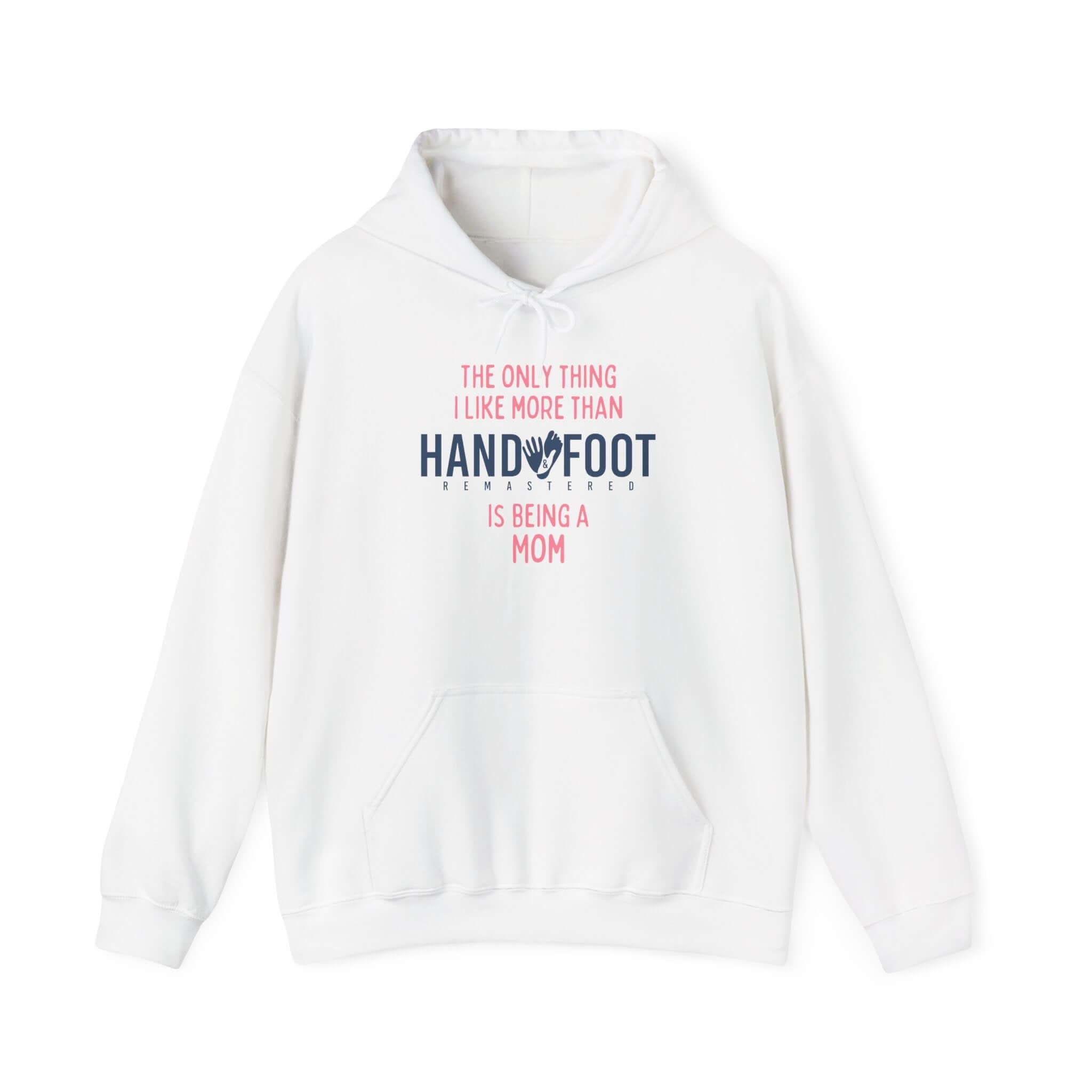 White Being a Mom hooded sweatshirt with kangaroo pouch and playful message, perfect for casual outings or lounging in comfort.