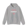 Gray "Being a Mom" hooded sweatshirt with playful message, featuring a cozy kangaroo pocket and adjustable drawstring hood.