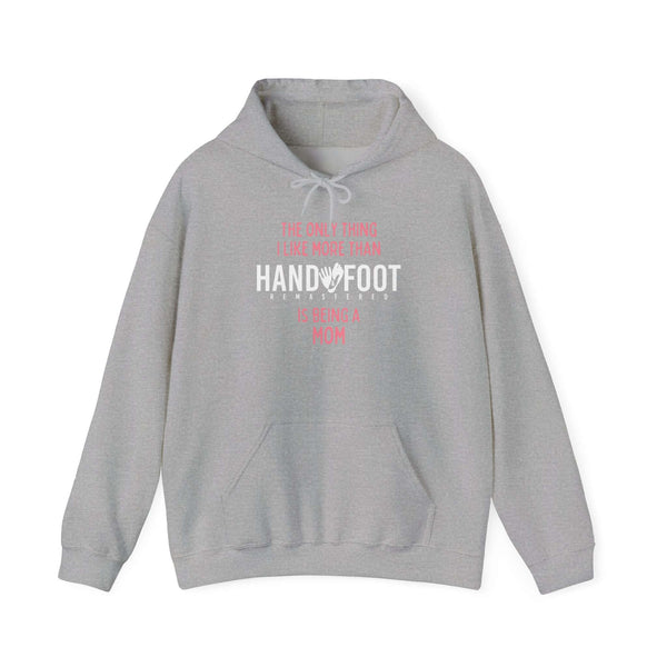 Gray "Being a Mom" hooded sweatshirt with playful message, featuring a cozy kangaroo pocket and adjustable drawstring hood.