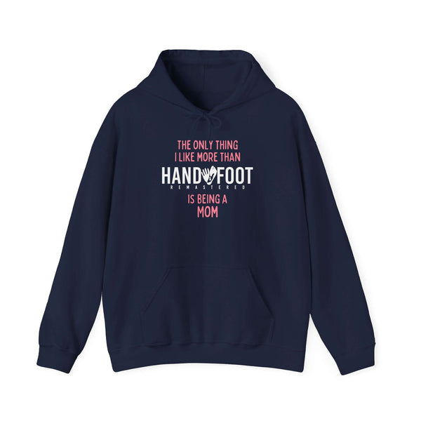 Navy 'Being a Mom' hooded sweatshirt with playful message, featuring pocket and adjustable drawstring hood for style and comfort.