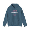 Blue "Being a Mom" hooded sweatshirt with kangaroo pocket and drawstring hood, featuring a playful text design for moms.