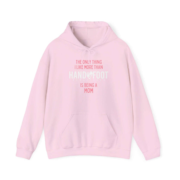 Pink Being a Mom Hooded Sweatshirt with playful message and kangaroo pouch pocket, perfect for casual outings and cozy comfort.