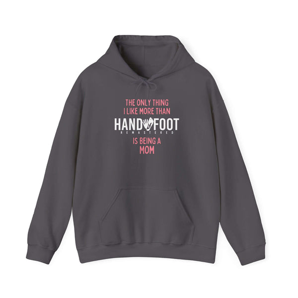 "Being a Mom Hooded Sweatshirt with playful text, cozy pocket, and adjustable hood. Ideal for casual and comfortable wear."