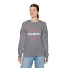 Woman wearing gray Being a Mom Unisex Heavy Blend Crewneck Sweatshirt, text "The only thing I like more than hand-foot maternity is being a mom."