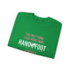 Green folded unisex crewneck sweatshirt with "HANDYFOOT REMASTERED" print, perfect gift for moms, cozy and sustainable blend.