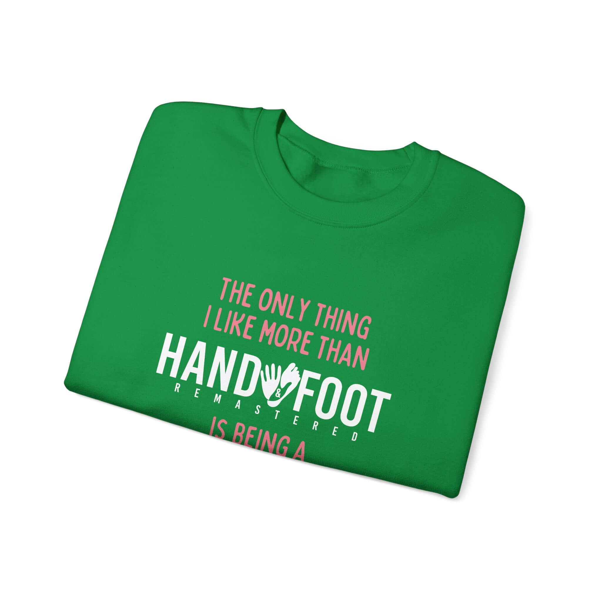 Green crewneck sweatshirt with playful text design, perfect for cozy and stylish casual wear.