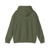 Back view of olive green "Being a Pop Pop" hooded sweatshirt with adjustable drawstring and kangaroo pouch pocket.