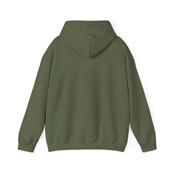 Back view of olive green "Being a Pop Pop" hooded sweatshirt with adjustable drawstring and kangaroo pouch pocket.