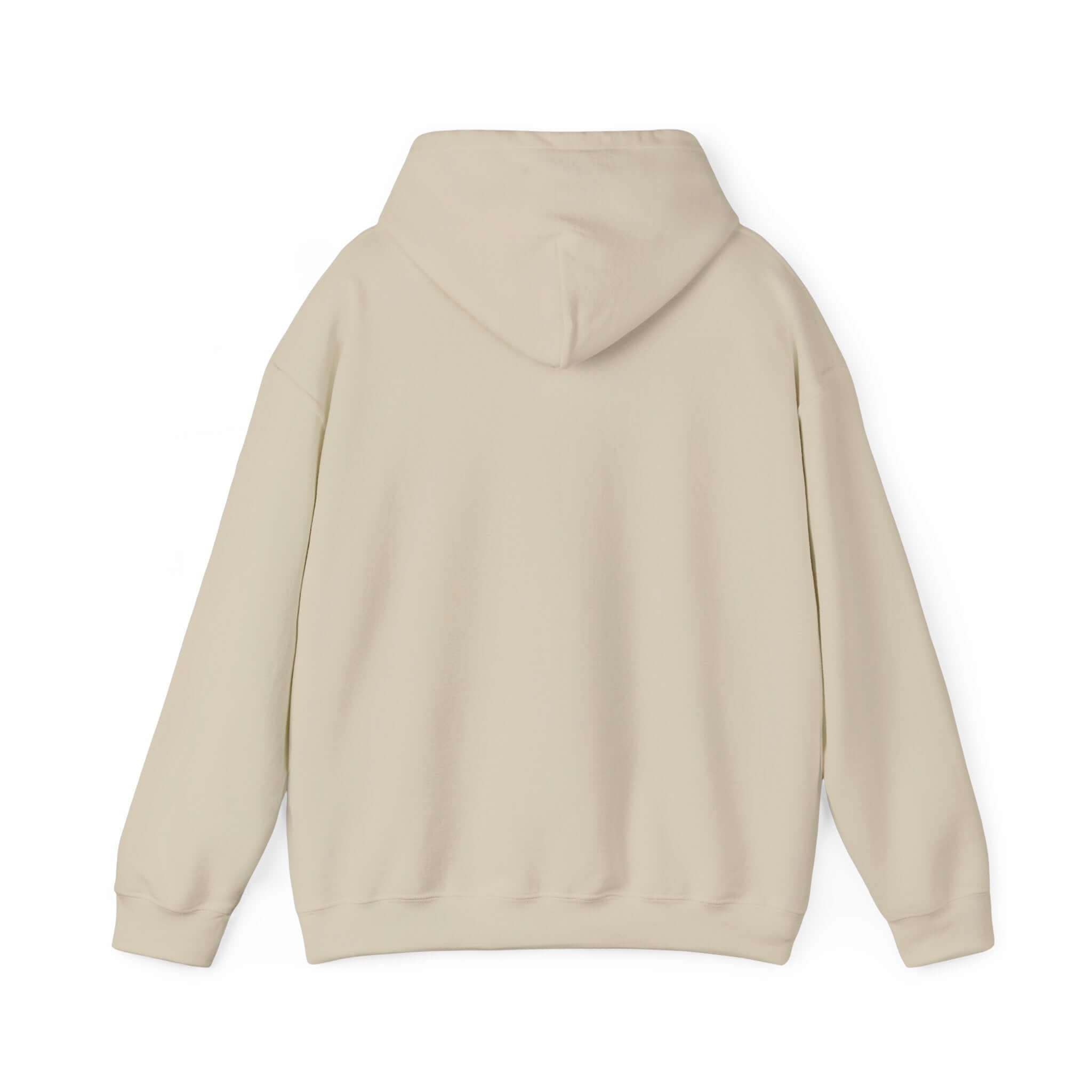 Back view of a beige hooded sweatshirt with cozy fabric, kangaroo pouch, and adjustable drawstring, perfect for casual outings.