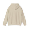 Back view of a beige hooded sweatshirt with cozy fabric, kangaroo pouch, and adjustable drawstring, perfect for casual outings.