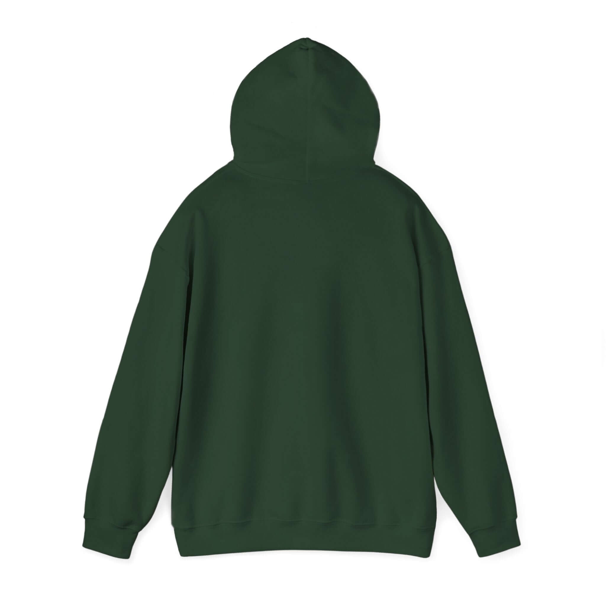Back view of green hooded sweatshirt with adjustable drawstring, featuring a kangaroo pouch pocket for cozy comfort and style.