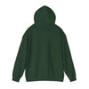 Back view of green hooded sweatshirt with adjustable drawstring, featuring a kangaroo pouch pocket for cozy comfort and style.