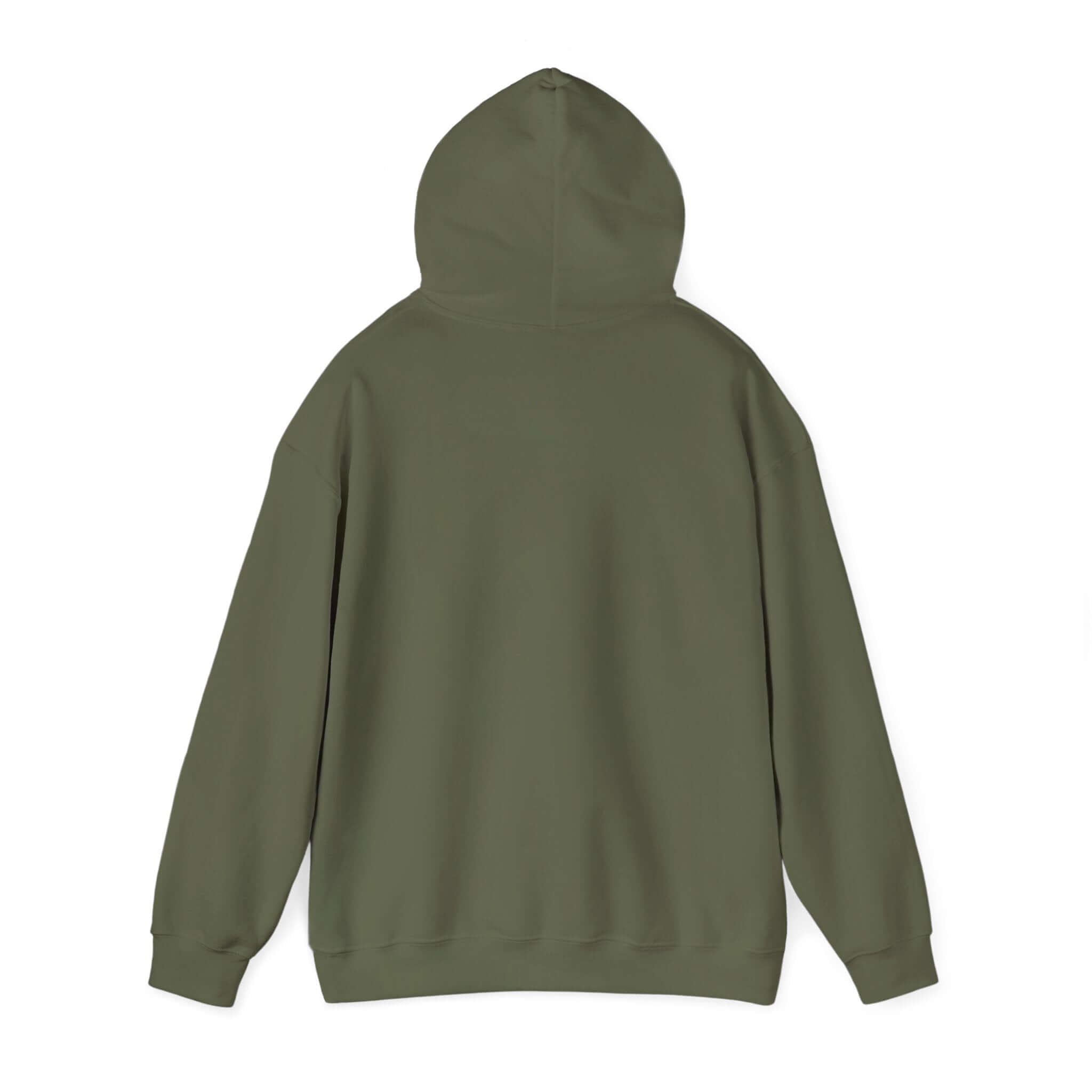 Army green hooded sweatshirt back view, cozy and stylish design for casual wear.