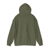 Army green hooded sweatshirt back view, cozy and stylish design for casual wear.