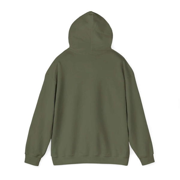 Army green hooded sweatshirt back view, cozy and stylish design for casual wear.