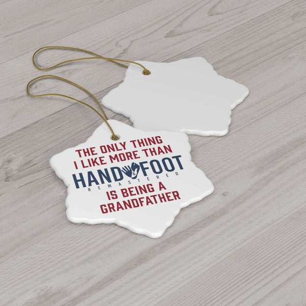 Star-shaped ceramic ornament with 'Being a Grandfather' message, glossy finish, gold-toned string.