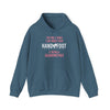 Blue hooded sweatshirt with "The only thing I like more than hand and foot is being a grandmother" text, kangaroo pocket, drawstring hood