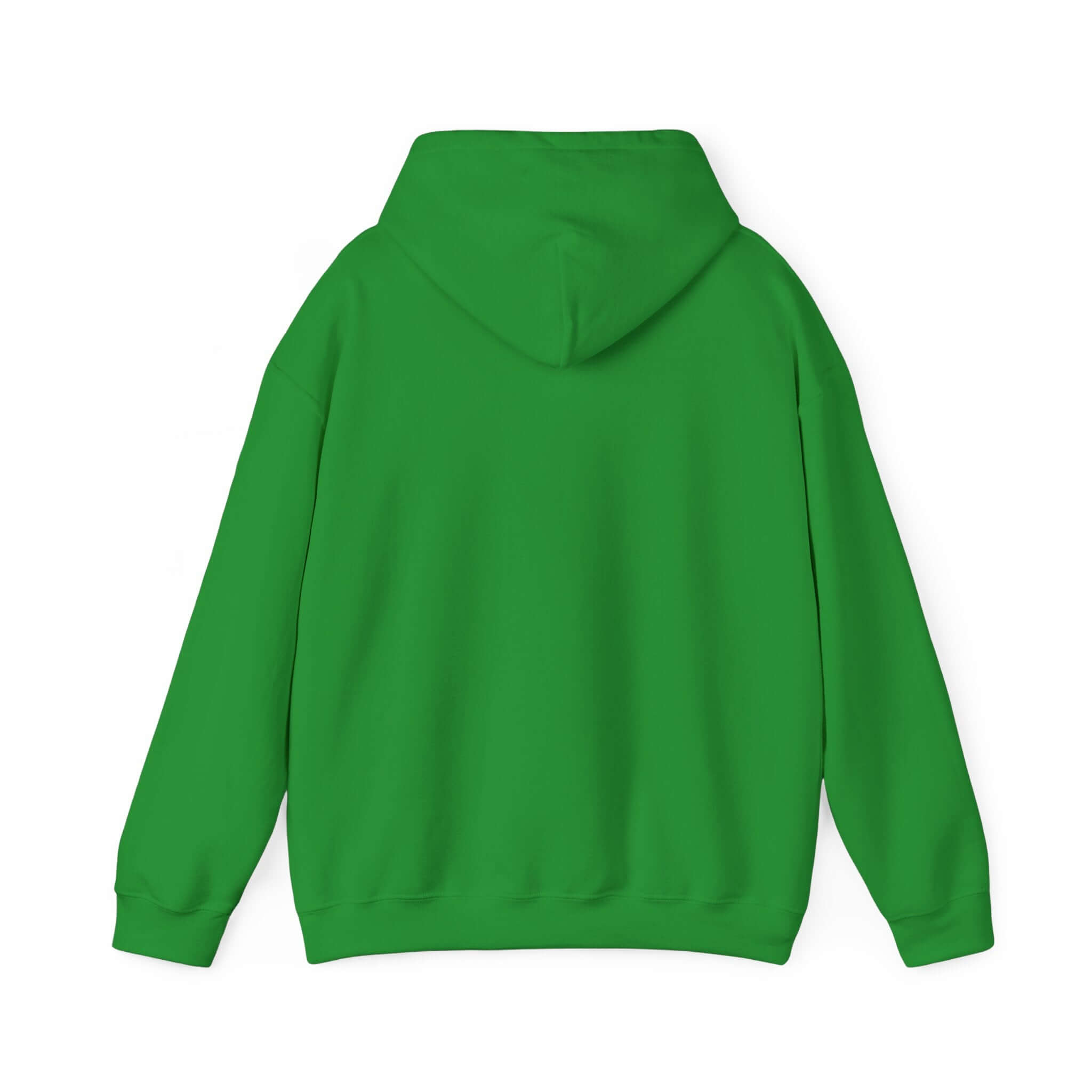 Green hooded sweatshirt with back view, featuring adjustable drawstring and warm kangaroo pocket. Perfect for cozy, casual wear.