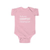 Pink 'Future Champ' onesie with soft cotton fabric and durable ribbed seams, featuring hand and foot design. Available in multiple sizes.
