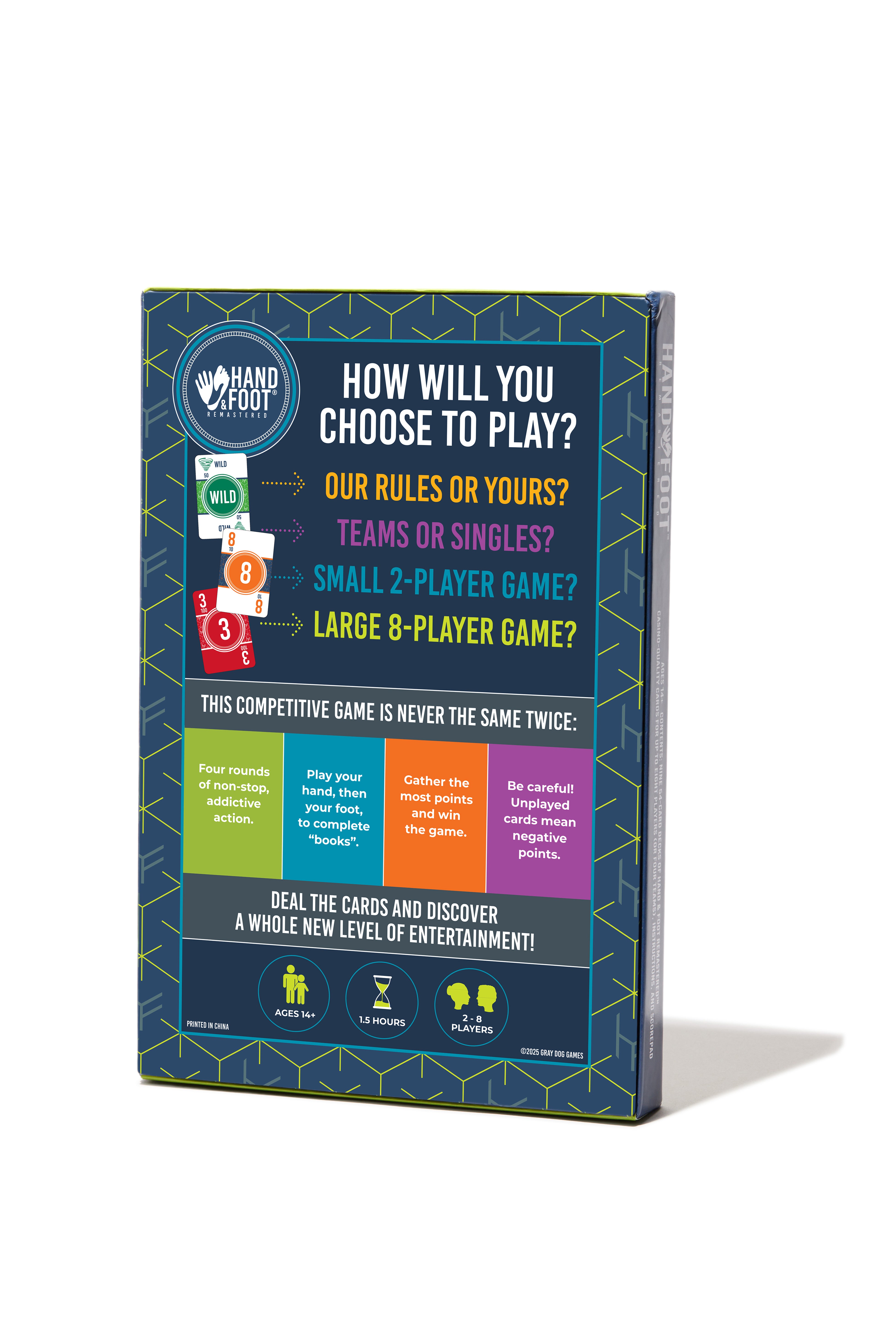 Back view of Hand & Foot Remastered Game Set box detailing gameplay options such as teams, singles, and player variations.