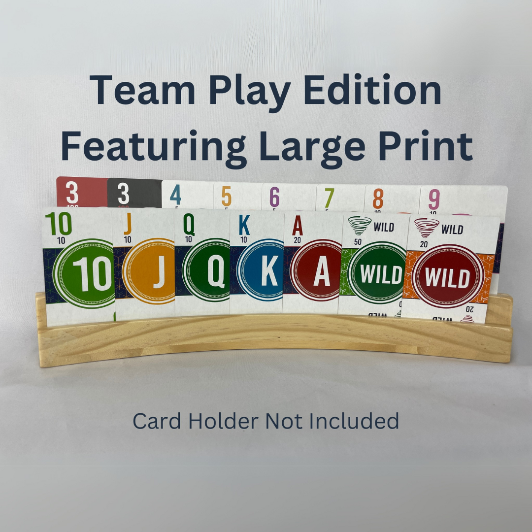 Team Play Edition cards displaying large print, including numbers and wild cards, arranged in a card holder. Card holder not included.