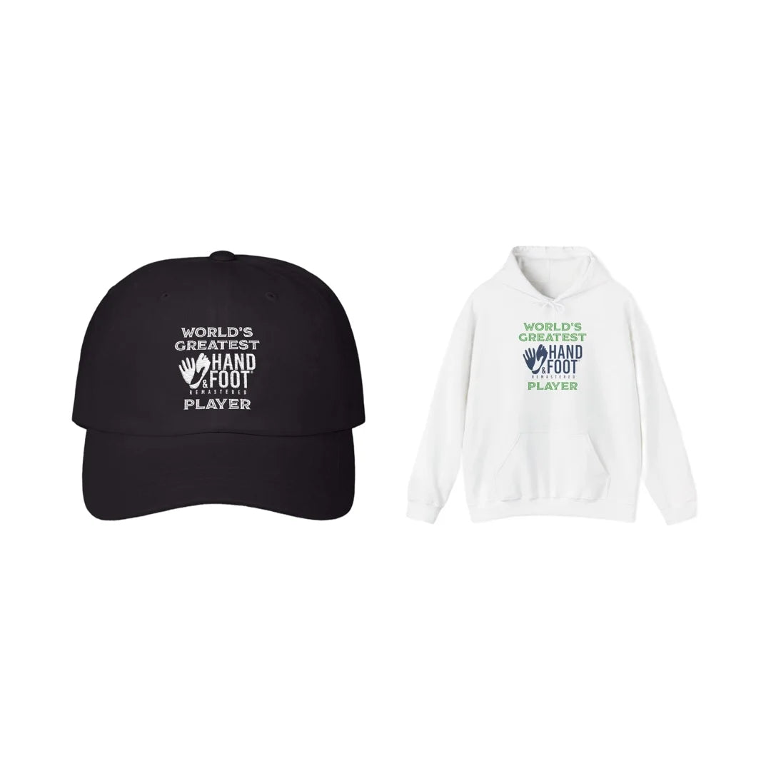 World's Greatest Player Dad Cap and Hoodie Bundle featuring black cap and white sweatshirt with playful message print.