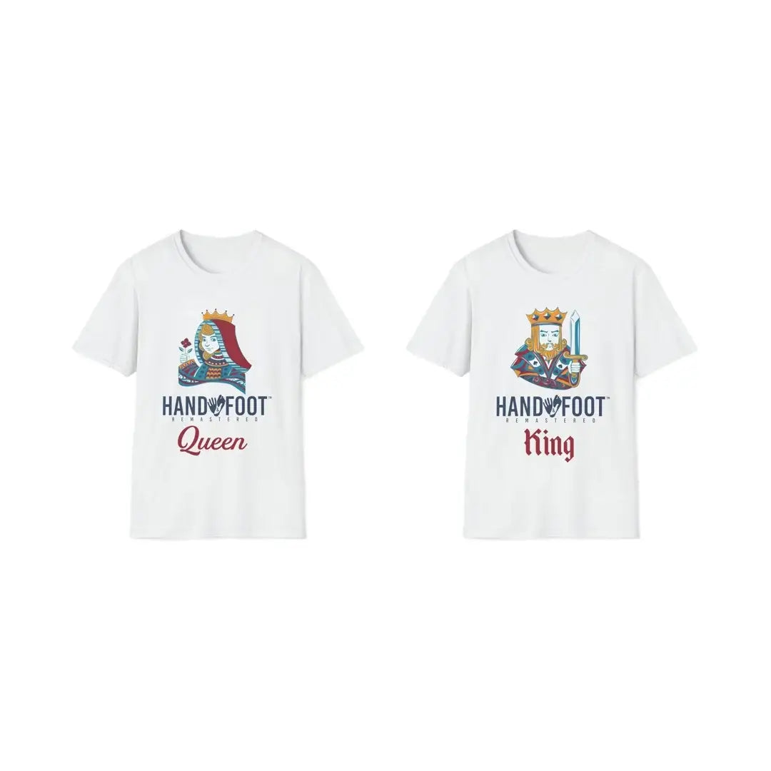 Hand & Foot Softstyle T-Shirts featuring Queen and King designs, perfect for a royal look. Set of two white tees in a gift pack.