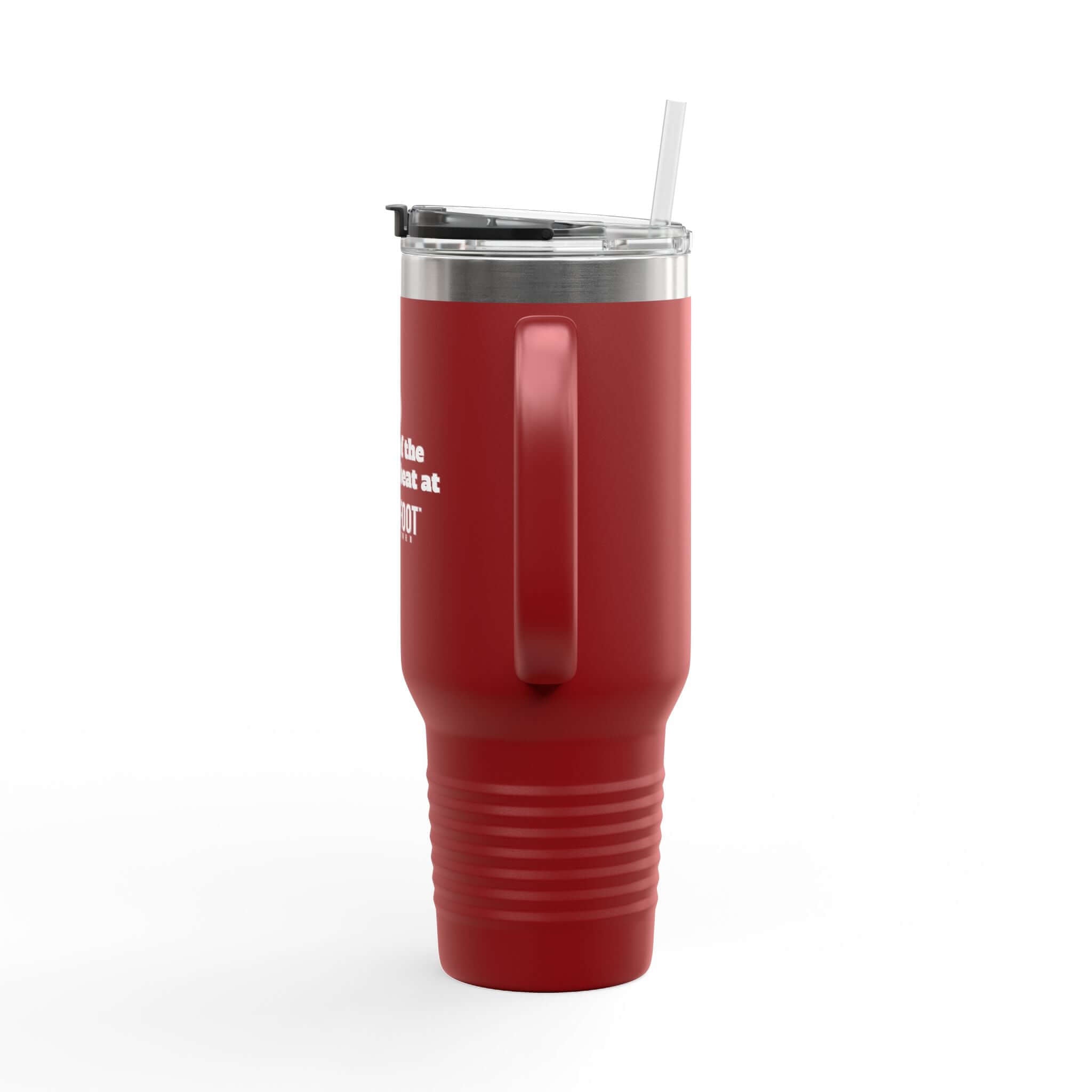 Red 40oz insulated travel mug with ergonomic handle and lid for hot or cold beverages, perfect for adventures or commutes.