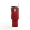 Red 40oz insulated travel mug with ergonomic handle and lid for hot or cold beverages, perfect for adventures or commutes.