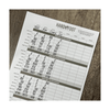 Hand & Foot Remastered scorepad showing score columns for players Bill, Kim, County, and Liz, on a wooden surface.