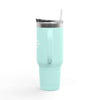 40oz insulated travel mug in light blue with ergonomic handle, ideal for hot or cold drinks on the go.