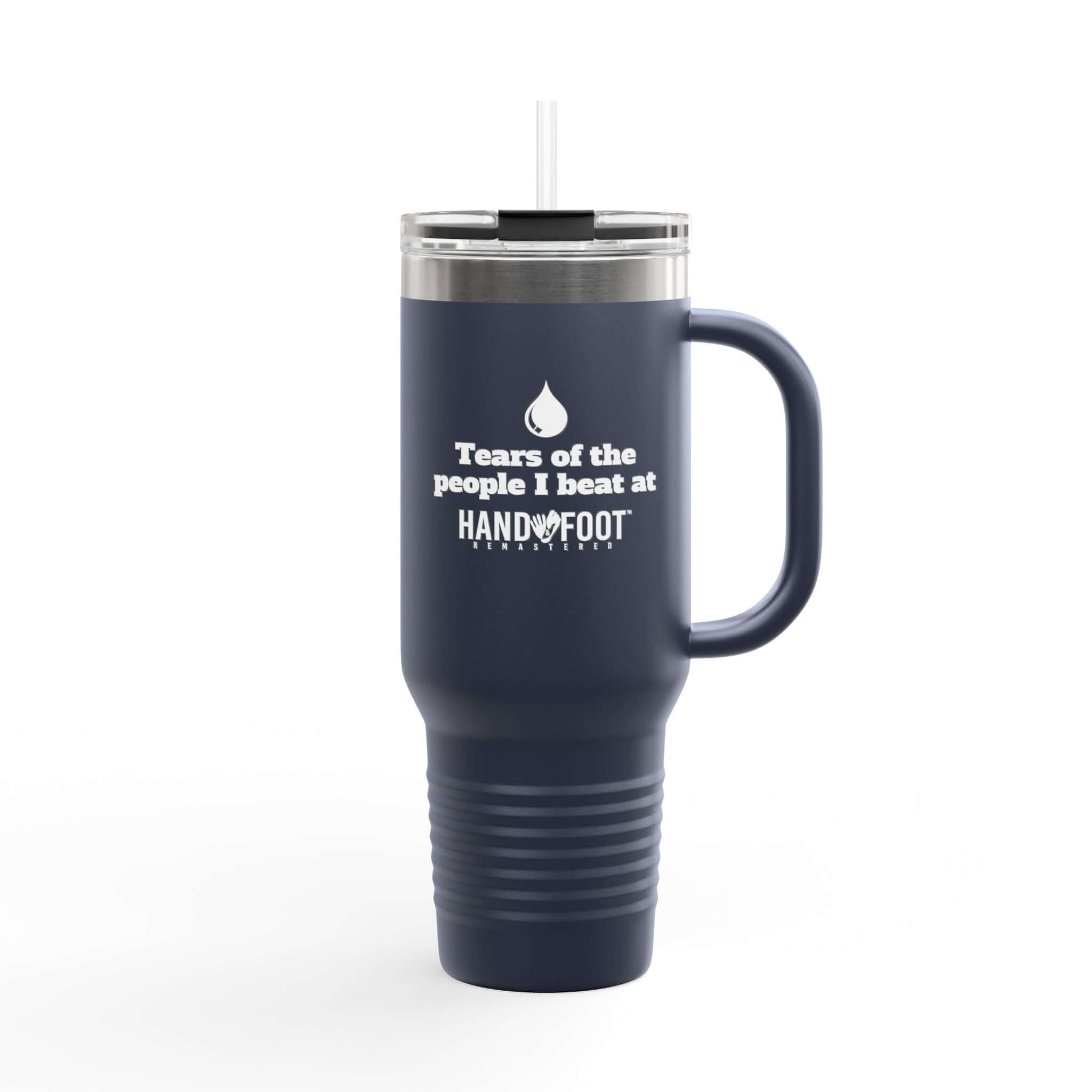 40oz insulated travel mug with 'Tears of the People I Beat' text, featuring ergonomic handle for adventures and long commutes.