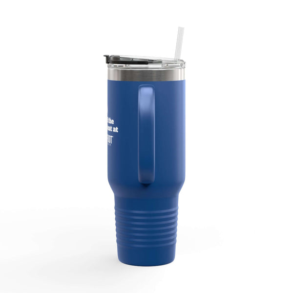 Blue 40oz insulated travel mug with ergonomic handle and lid featuring "Tears of the People I Beat" text.