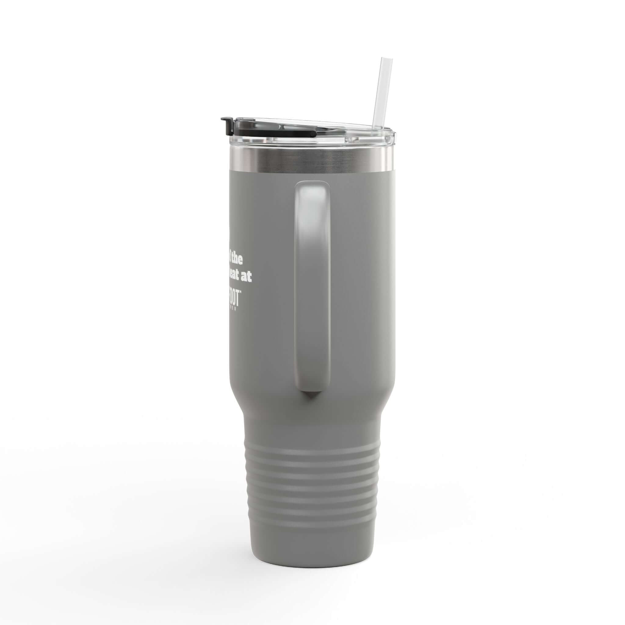 40oz insulated travel mug with ergonomic handle and straw, featuring