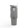 40oz insulated travel mug with ergonomic handle and straw, featuring "Tears of the People I Beat" text, ideal for hot or cold drinks.