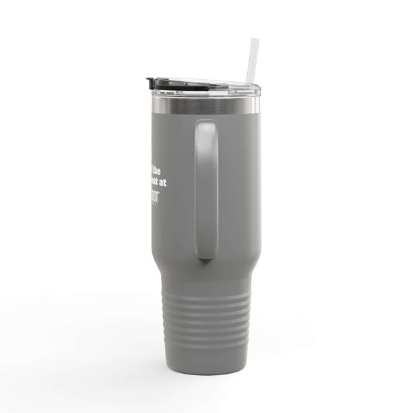 40oz insulated travel mug with ergonomic handle and straw, featuring "Tears of the People I Beat" text, ideal for hot or cold drinks.