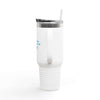 White 40oz insulated travel mug with ergonomic handle and lid, perfect for keeping drinks hot or cold during travel and commutes.