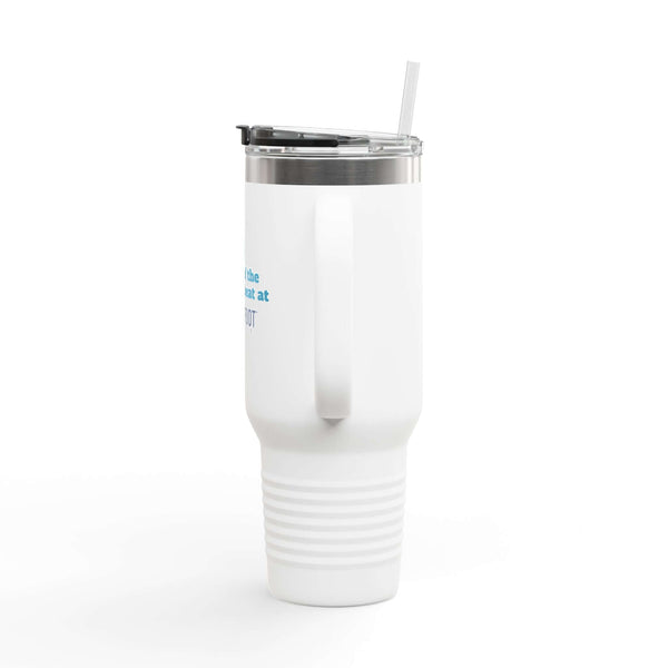 White 40oz insulated travel mug with ergonomic handle and lid, perfect for keeping drinks hot or cold during travel and commutes.