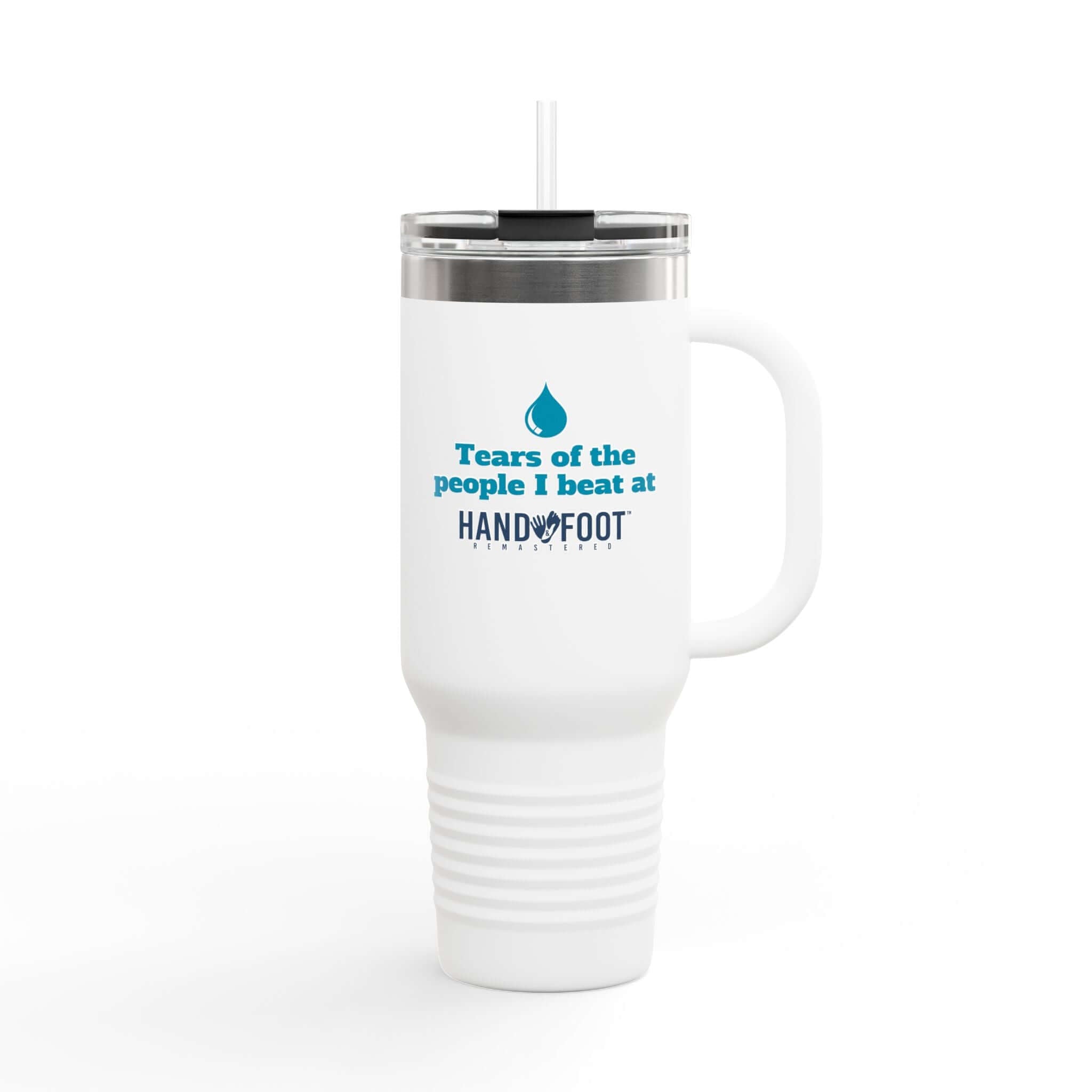 40oz Insulated Travel Mug with 'Tears of the People I Beat' design, ideal for keeping beverages hot or cold and featuring an ergonomic handle.