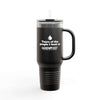 Black 40oz insulated travel mug with humorous text 'Tears of the people I beat at hand and foot.' Ergonomic handle, ideal for hot or cold drinks.