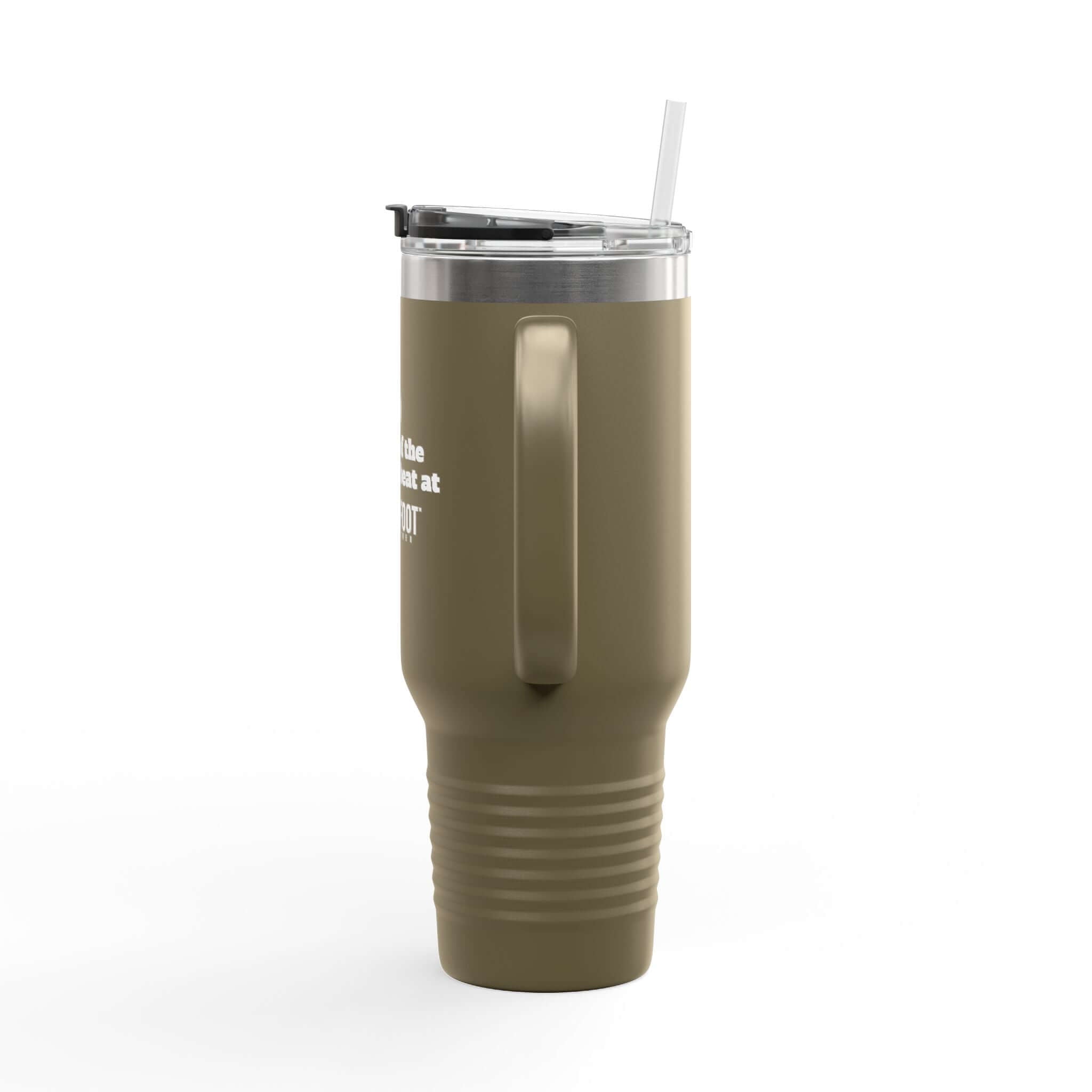 Tears of the People I Beat 40oz Insulated Travel Mug in olive green with ergonomic handle and straw lid, perfect for hot or cold drinks.