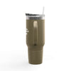Tears of the People I Beat 40oz Insulated Travel Mug in olive green with ergonomic handle and straw lid, perfect for hot or cold drinks.