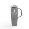Gray 40oz insulated travel mug with "Tears of the people I beat at Hand Foot" text, featuring ergonomic handle and sip lid.